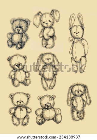 Illustration of teddy bear and bunnies