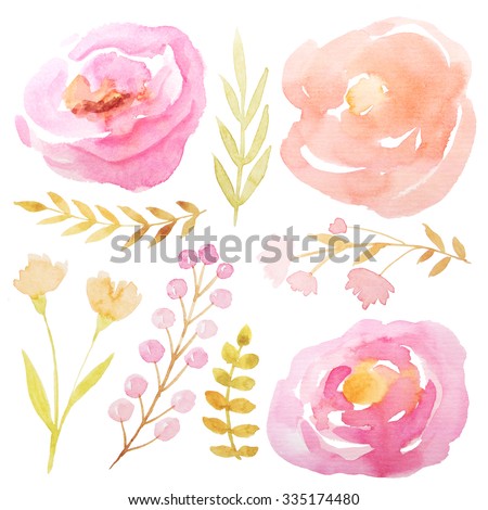 Set of hand painted watercolor flowers, leaves and branches. Isolated objects on a white background. Pink floral clip art perfect for card making and DIY project