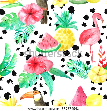Seamless pattern with watercolor tropical flowers, leaves, plants,fruits and birds with black ink brush strokes. Hand painted jungle paradise background perfect for textile and scrapbooking