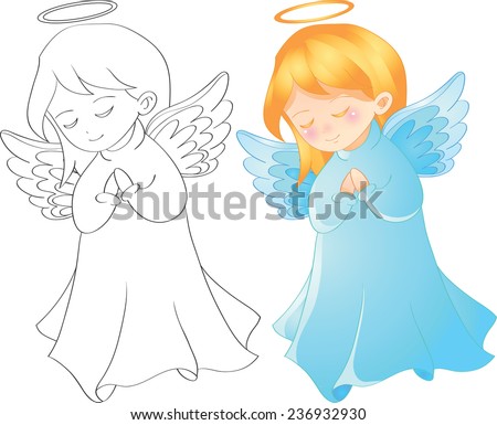 Vector illustration cute christmas angel character tell prayer, outline page for coloring book