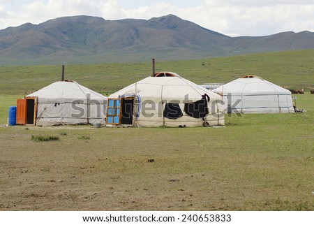CIRCA HARHORIN, MONGOLIA - AUGUST 19, 2006: Three traditional Mongolian yurts (nomadic tents) located in steppe on August 19, 2006 circa Harhorin, Mongolia.