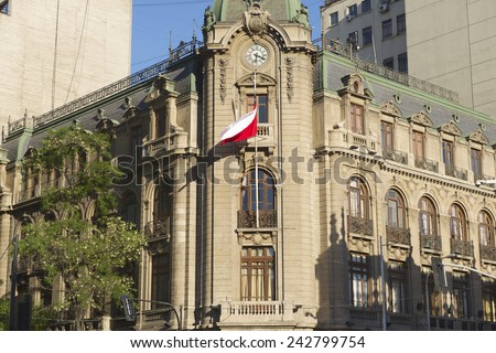 SANTIAGO, CHILE- OCTOBER 16, 2013: Exterior of the colonial architecture building at Plaza de Armas on October 16, 2013 in Santiago, Chile.