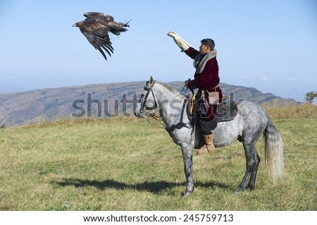 CIRCA ALMATY, KAZAKHSTAN - SEPTEMBER 18, 2011: Unidentified Mongolian hunter launches golden eagle to pursue prey on September 18, 2011 circa Almaty, Kazakhstan.