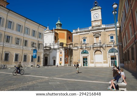 RAVENNA, ITALY - MAY 12, 2013: Unidentified people walk by the square in Ravenna, Italy.