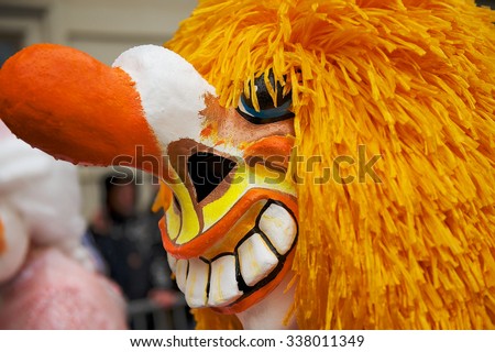 BASEL, SWITZERLAND - MARCH 02, 2009: Closeup of the Waggis Basel Carnival mask in Basel, Switzerland.