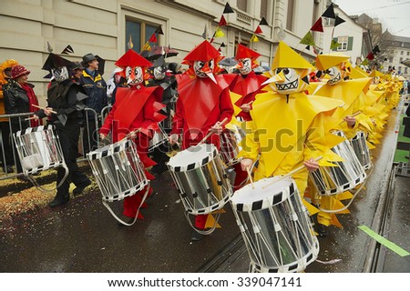 BASEL, SWITZERLAND - MARCH 02, 2009: Unidentified people take part in Basel Carnival in Basel, Switzerland.