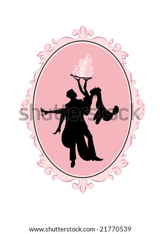 Vector Illustration of Bride and Groom in silhouette with Wedding Cake