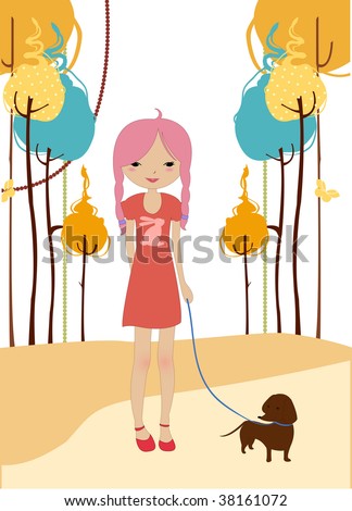 stock vector : Vector illustration of little young girl walking with the dog 