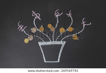 Money plant drawing with foreign currencies are on black background. Mostly are US, UK and EU currencies. This photo may use as financial background. Concept is drawing by colored chalk.