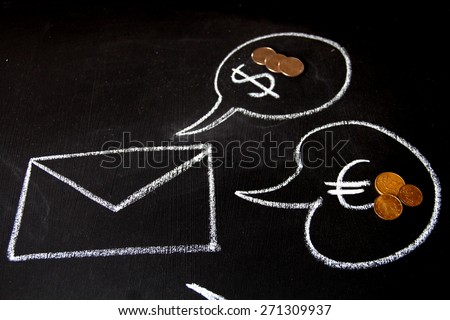 Hand drawing of a postal sign with financial concept. Speech bubble drawing with chalk on blackboard. Different foreign currencies are designed.