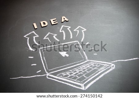Conceptual design drawing with chalk on blackboard. Concept is idea creation. wooden letters are used. Global technological concept.