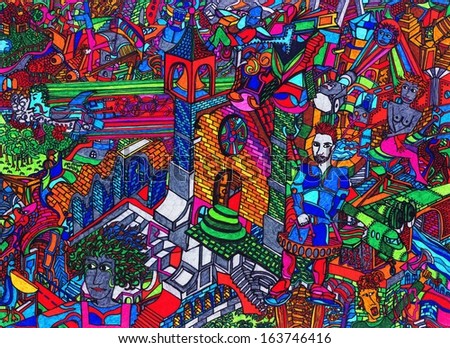 Ethnic Church. A detailed, colorful hand-drawn cartoon. Drawing hand made by the photographer.