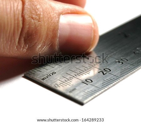 Measuring.Ruler. An image of a hand in the act of measuring with a metal ruler, white background