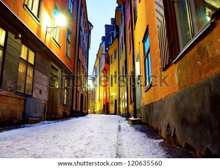 Low angle view of narrow street in Gamla Stan, the old town of Stockholm