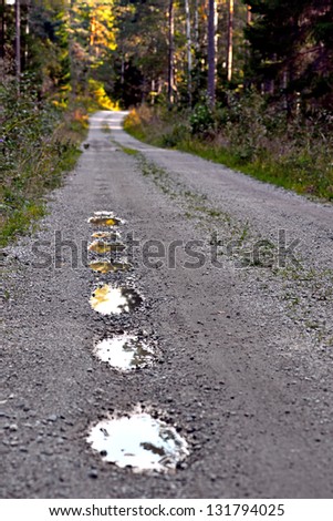 pot holes with rain water in dirt road in summer