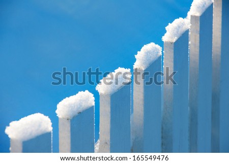 White wooden fence in winter landscape with snow on top