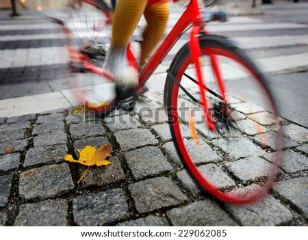 Woman on red bike in blurred motion in autumn