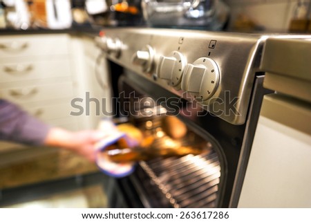 Hand of person taking out hot dish from electric oven in kitchen