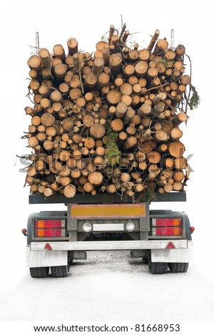 Back of truck loaded with timber, isolated on white