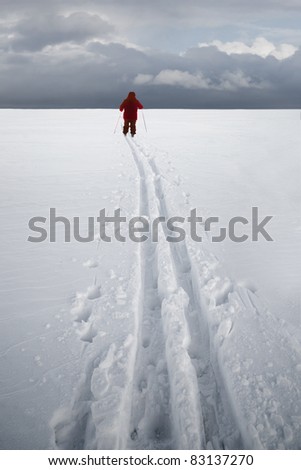 Cross country skier in red dress