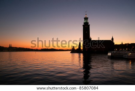 Stockholm City Hall - venue for the Nobel Prize ceremony - at sunset