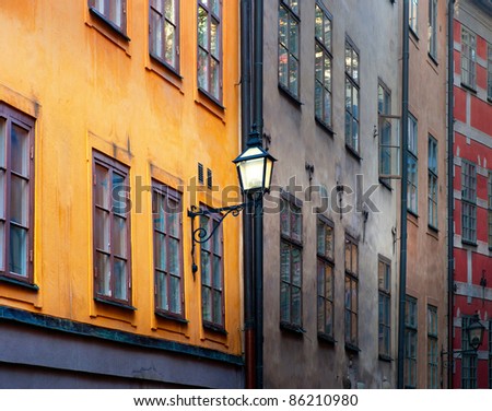 Facade of ancient buildings in the old town of Stockholm, Sweden
