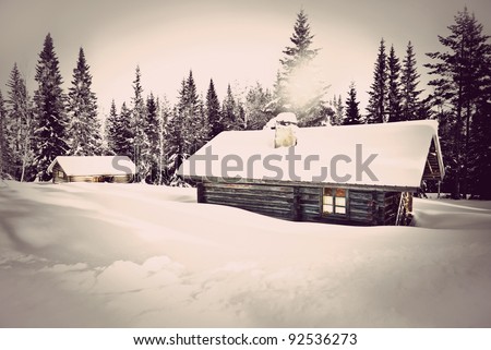 Remote log cabin in winter with vintage look