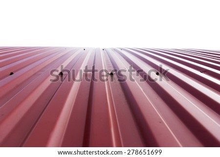 Rooftop of curved red corrugated iron on white background