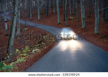 Car with headlights on narrow winding country road in beech forest at night