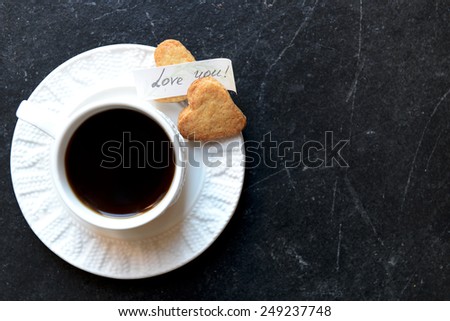 Be my Valentine Note, a Cup of Coffee, Rose and Bunch of Heart Shaped Homemade Cookies