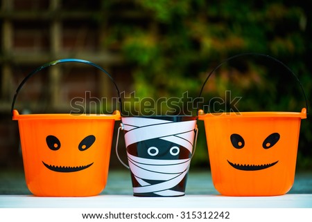 Child Trick or Treat Empty Halloween Buckets are Ready for the Candy Treats, Pumpkin and Mummy Style