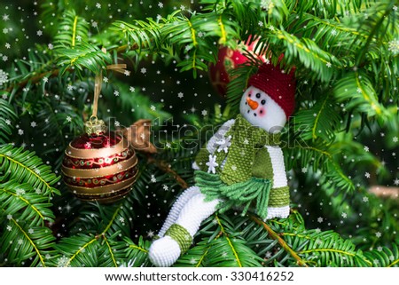 Christmas Background with Christmas Tree and A Snowman in the Red Hat and Green Scarf