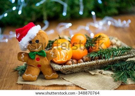 Gingerbread Man Soft Toy and Fresh Clementines or Tangerines in the Basket with Xmas Lights and Tree Branches on the Background