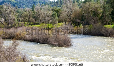 Parts of the American River flow into each other near the Marshall Gold Discovery Historic Park in California near Coloma.