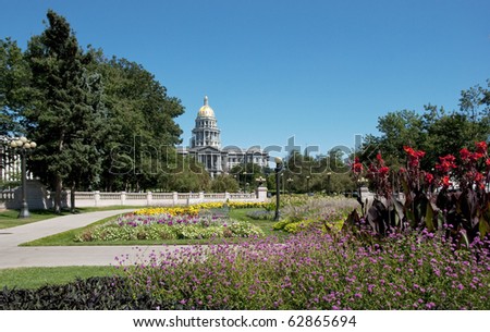 Colorado state capitol building in Denver, from the Civic Center Park.