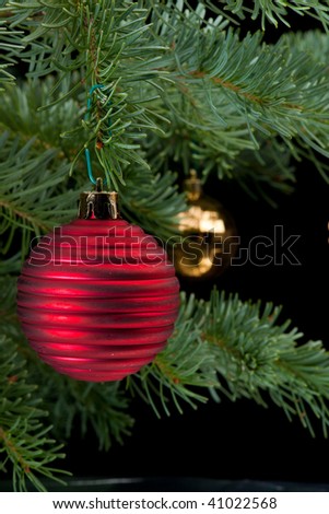 Red and golden matte bauble christmas ornaments on pine tree branch. Black background. Vertical composition.