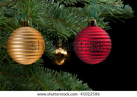 Red and golden matte bauble christmas ornaments on pine tree branch. Black background. Horizontal composition.