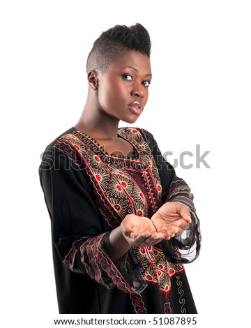 Beautiful african american woman in long sleeved dress offering cupped hands