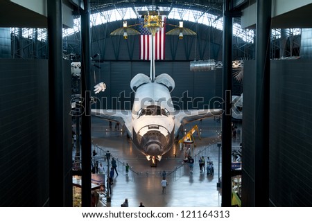 CHANTILLY, VA - JUNE 8, 2012: The space shuttle Discovery on display at its permanent home at the Smithsonian Air and Space Museum Steven F. Udvar-Hazy Center in Chantilly, VA. June 8 2012