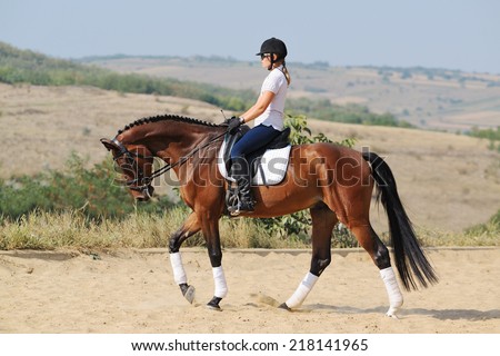 Equestrianism: rider on bay dressage horse, walk