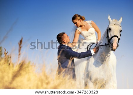 Wedding. Bride and groom with white horse in field