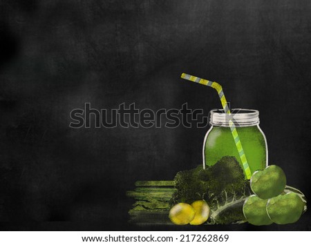 Juicing Green Juice on chalkboard blackboard with copy space