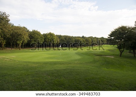 Empty golf course lined with trees.