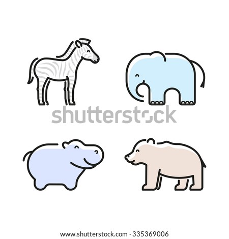 Vector linear wild animals icon set, zebra, elephant, hippo, bear.