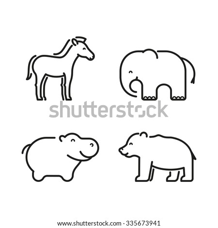Vector linear wild animals icon set, horse, elephant, hippo, bear.