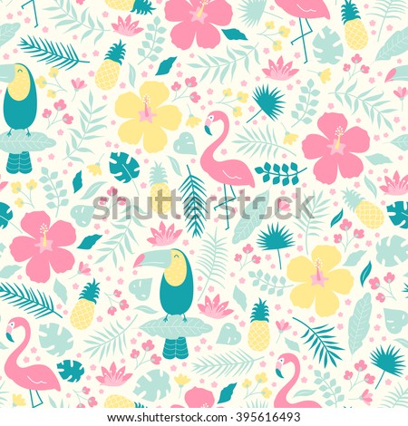 Vector seamless tropical pattern. Birds, flamingo, toucan, flowers, pineapples in the jungle.