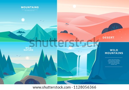 Vector set of flat summer landscape illustrations with desert, waterfall, mountains, sun, forest on blue clouded sky. Good for travel camping tour poster, placard, flayer, leaflet, banner. Nature view