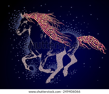 Hand made portrait of running horse. Colorful rhinestone pattern. Diamond and crystal picture of wild animal on black backdrop. Print design, advertisement, packaging, book or journal illustration.