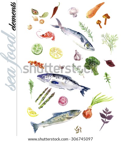 Watercolor hand drawn illustration of seafood elements on white background.