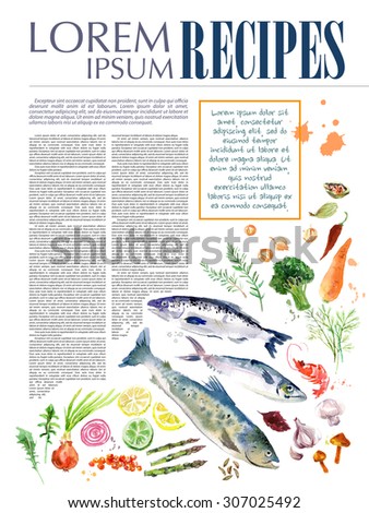 Template of magazine article recipe design with bright watercolor illustrations of fresh vegetables on white background.